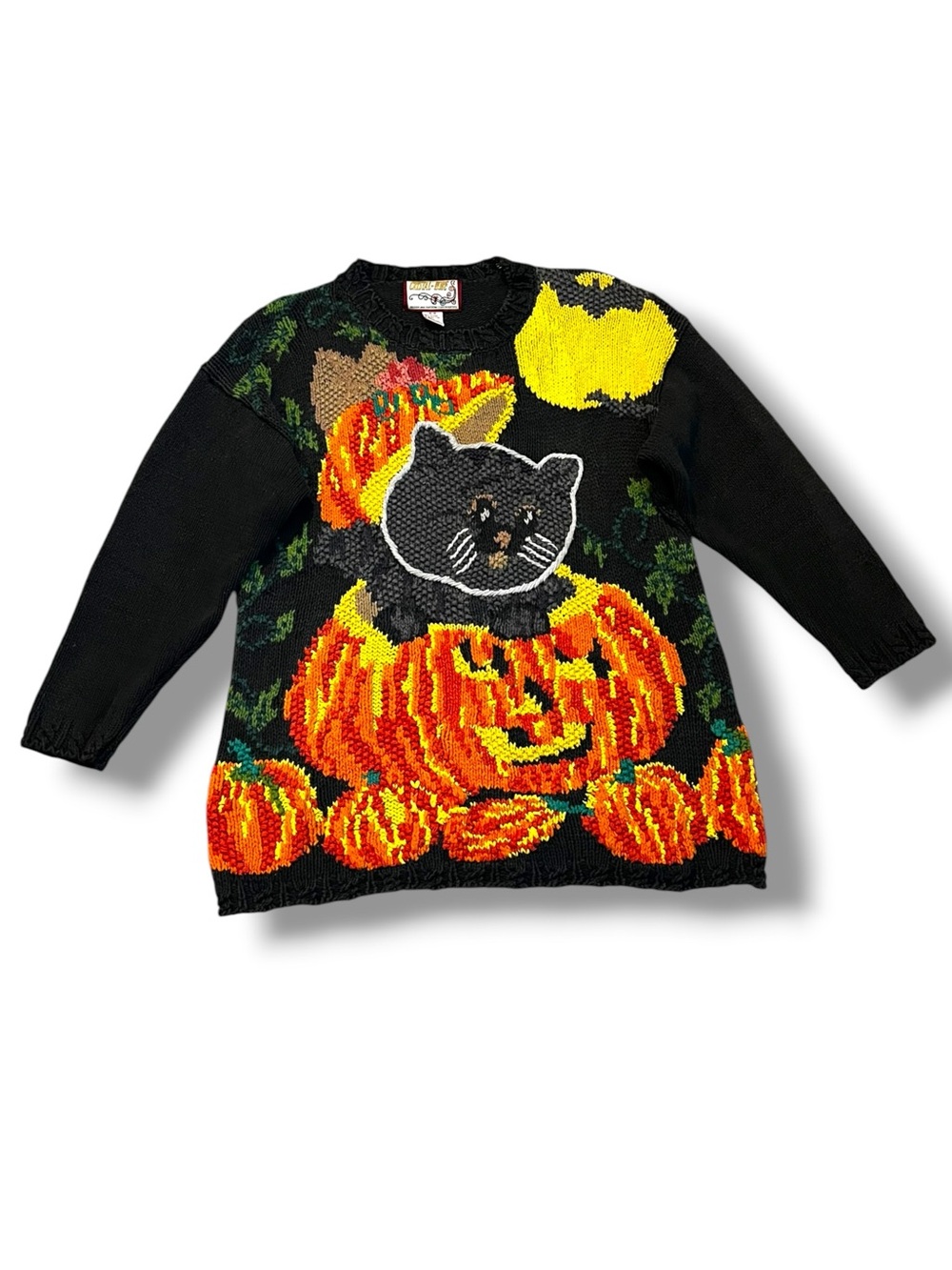 Crystal-Kobe Halloween Sweater Medium Cat Pumpkins Bats Pull Over Baggy Fit